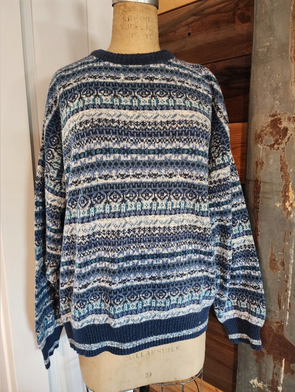 Men's Navy and Light Blue Patterned Crewneck Sweater Made In Italy.